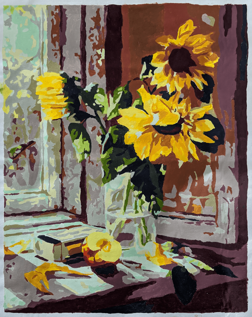 Paint-by-numbers painting of sunflowers in a windowsil